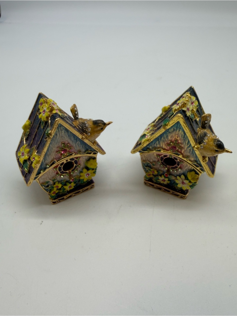Hand Painted Enameled Metal Birdhouse Hinged Trinket Box